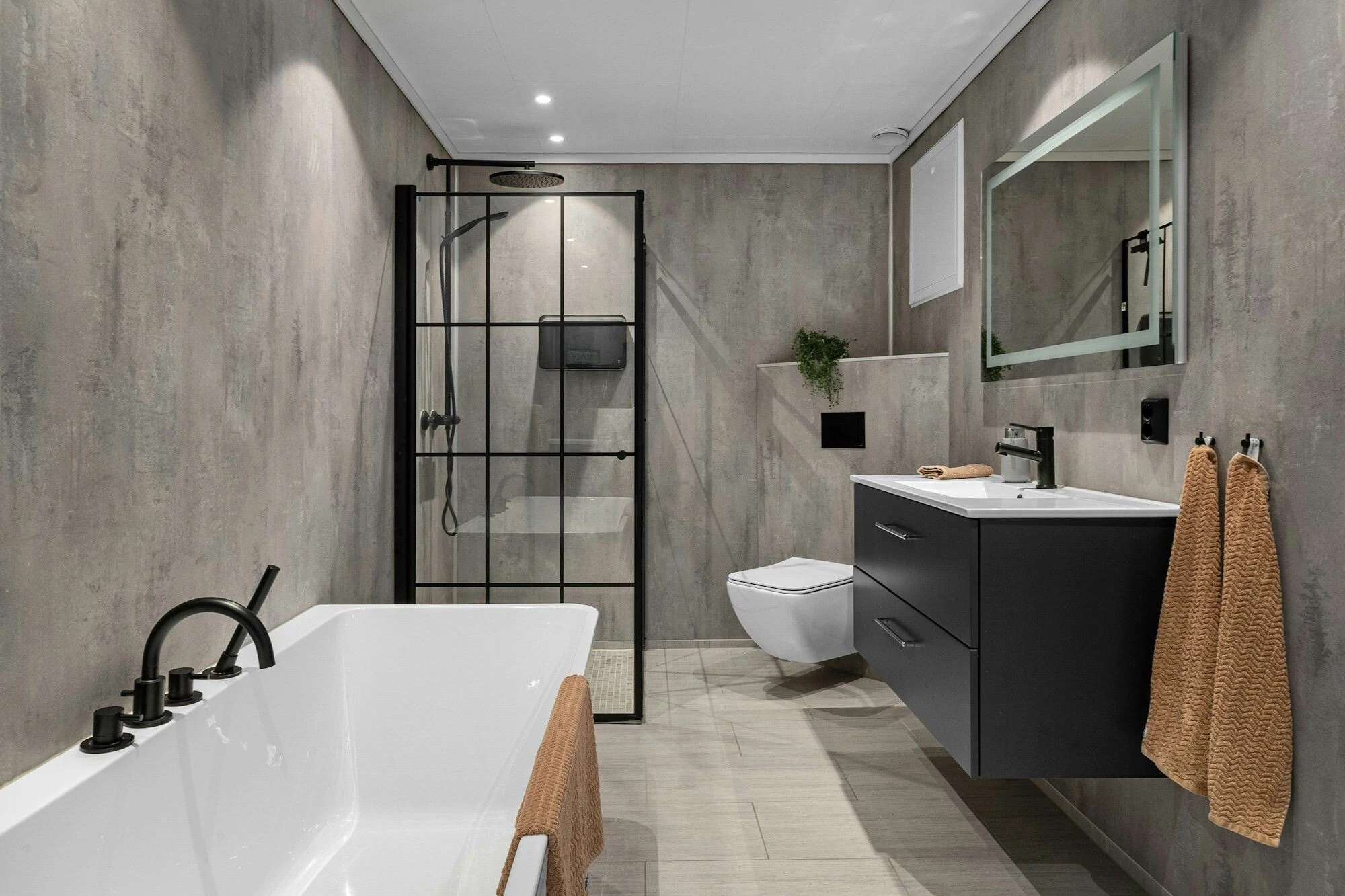 New bathroom renovation, fancy, grey walls modern bathroom layout.