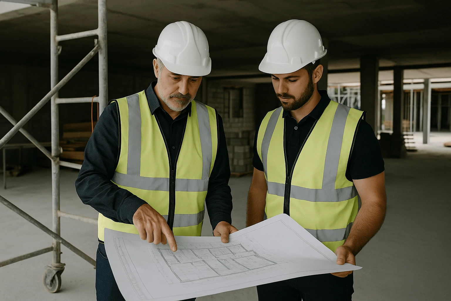 Two men in hi vis carefully planning a job, looking at blueprints