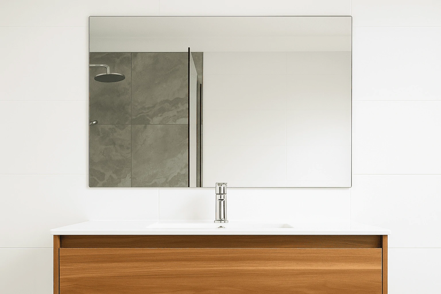This image captures our recent bathroom renovation brand new modern washbasin with a  white sink, and beautiful new mirror