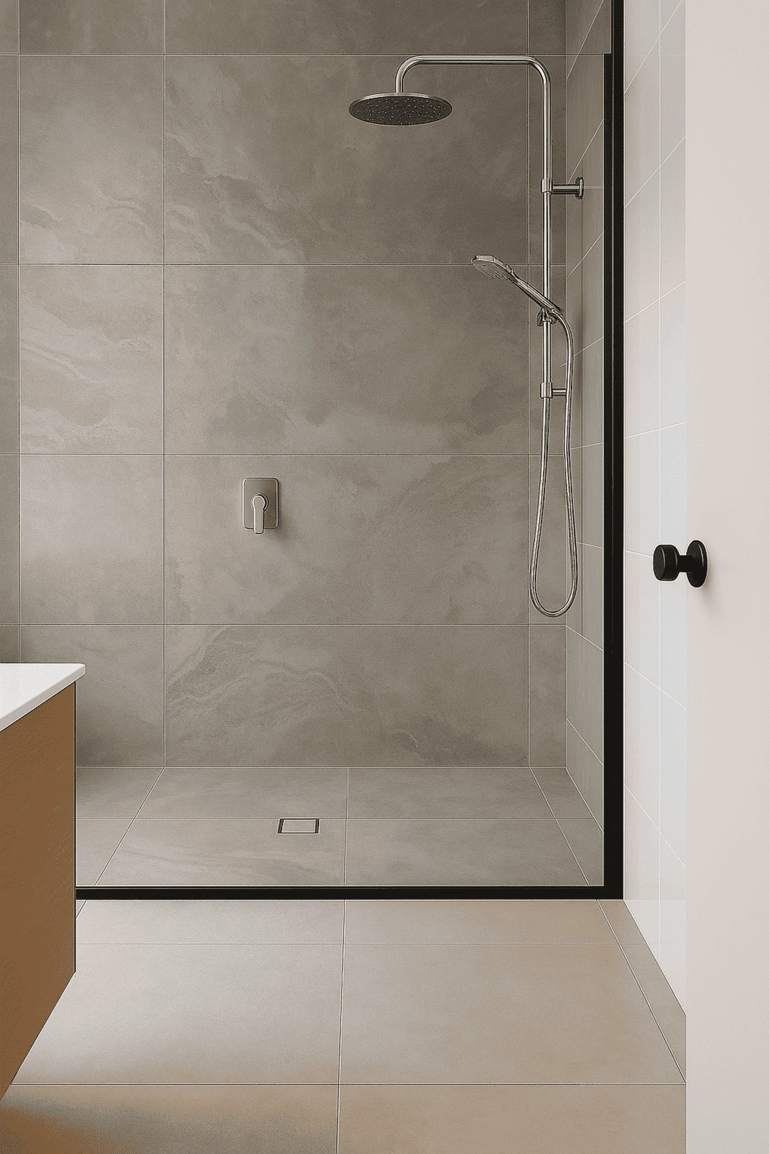 This image shows the new shower to go with our new bathroom. A sleek black frame holding up the glass, modern tiling and dual shower head.